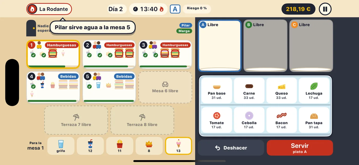 El restaurante: seis mesas con sus comandas, la terraza, los botones para servir y la cocina.